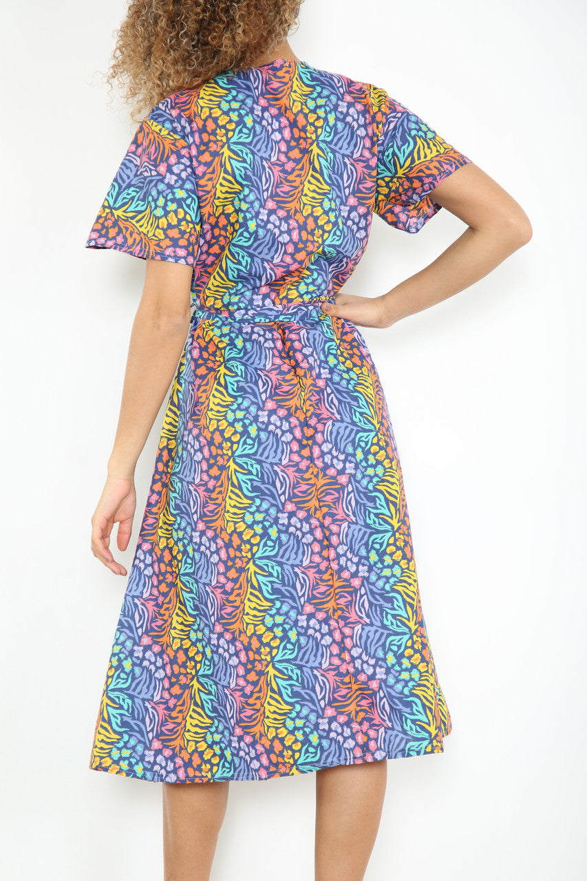 Ladies Elasticated Waist Animal Print Dress Navy