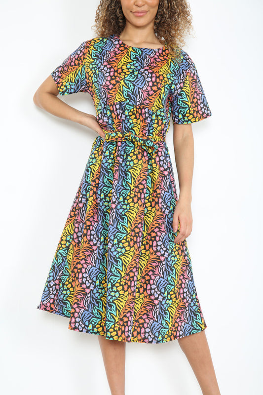 Dames jurk met elastische taille en dierenprint Zwart