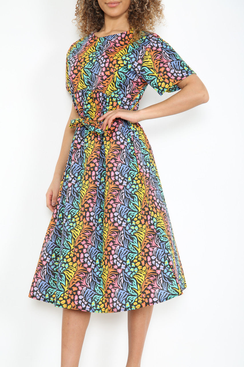 Ladies Elasticated Waist Animal Print Dress Black