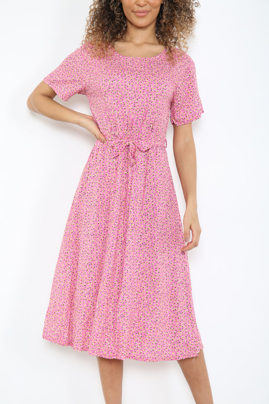 Dames jurk met elastische taille en ditsy klaproosprint roze