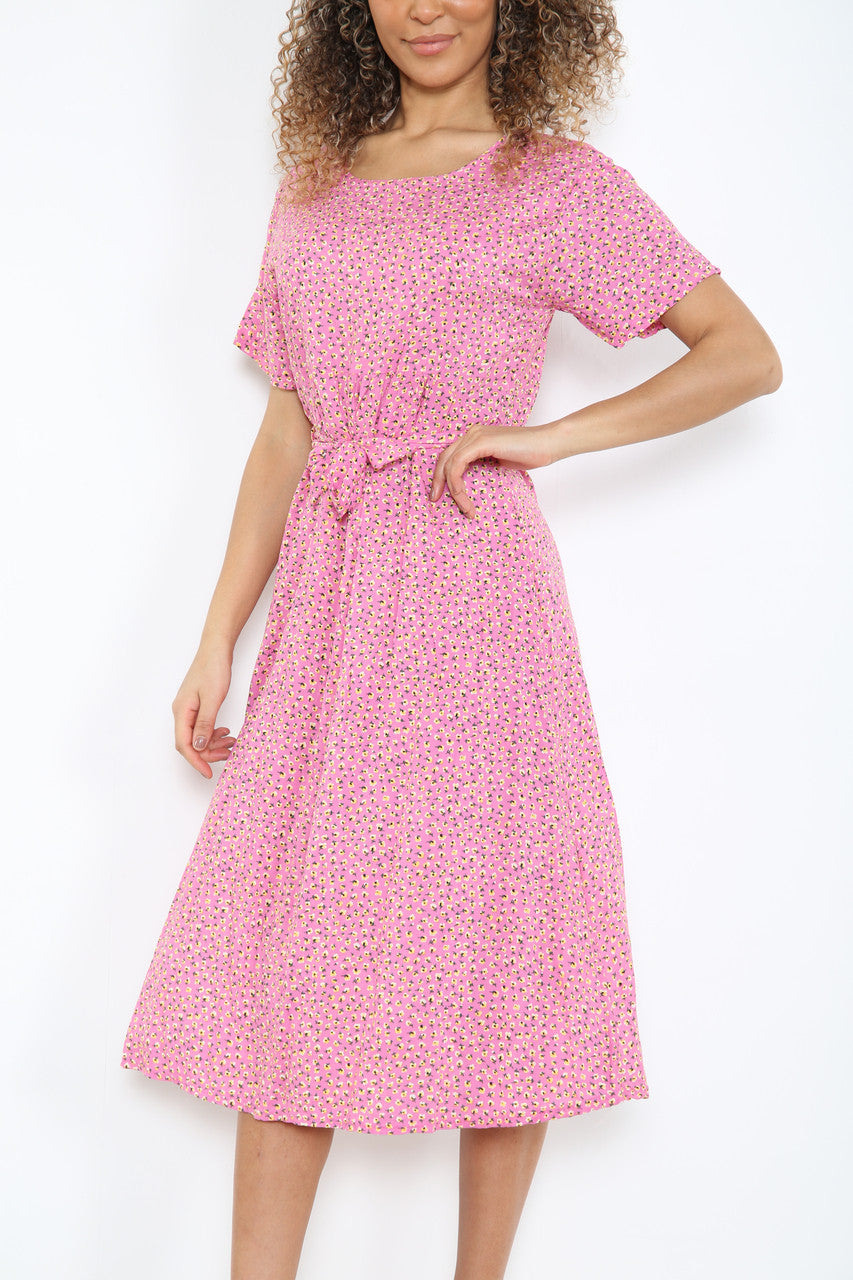 Dames jurk met elastische taille en ditsy klaproosprint roze
