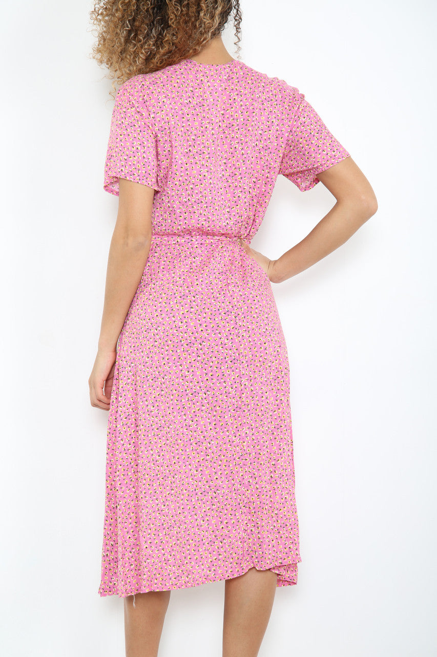 Dames jurk met elastische taille en ditsy klaproosprint roze