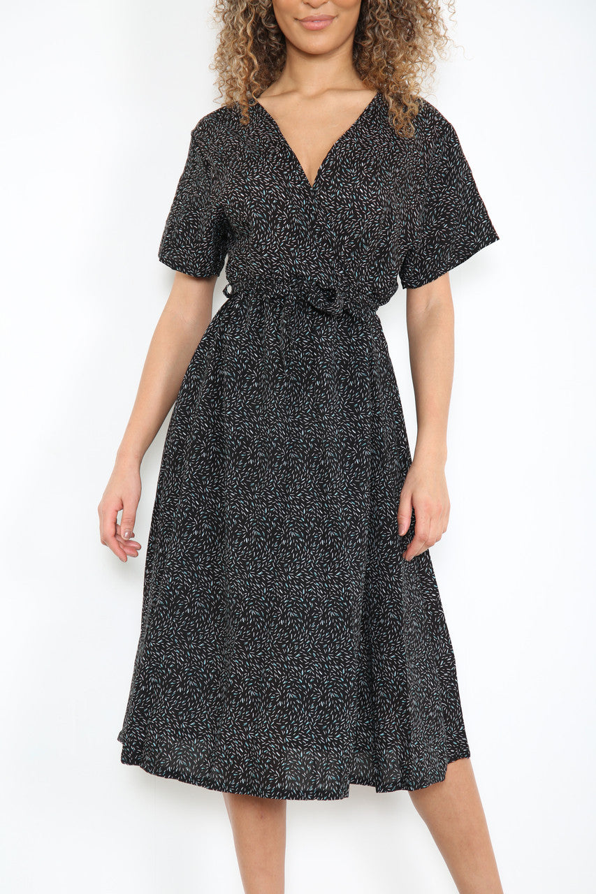 Ladies Elasticated Waist Wrap Style Blue Flecks Print Dress Black