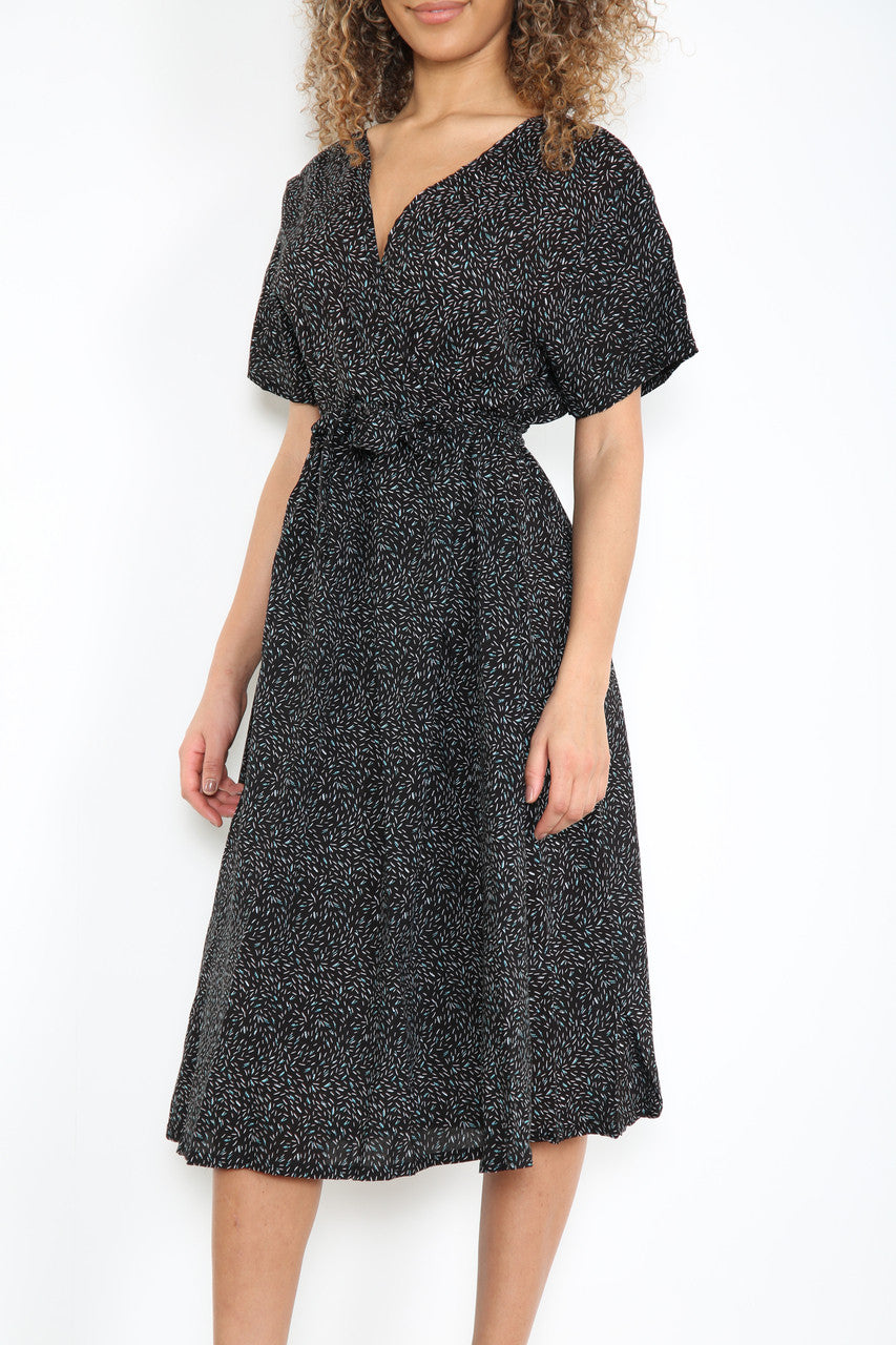 Ladies Elasticated Waist Wrap Style Blue Flecks Print Dress Black