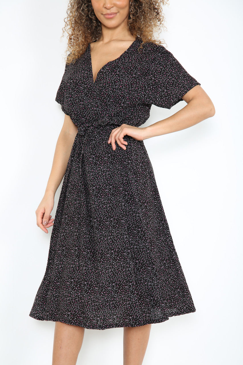 Ladies Elasticated Waist Wrap Style Pink Flecks Print Dress Black