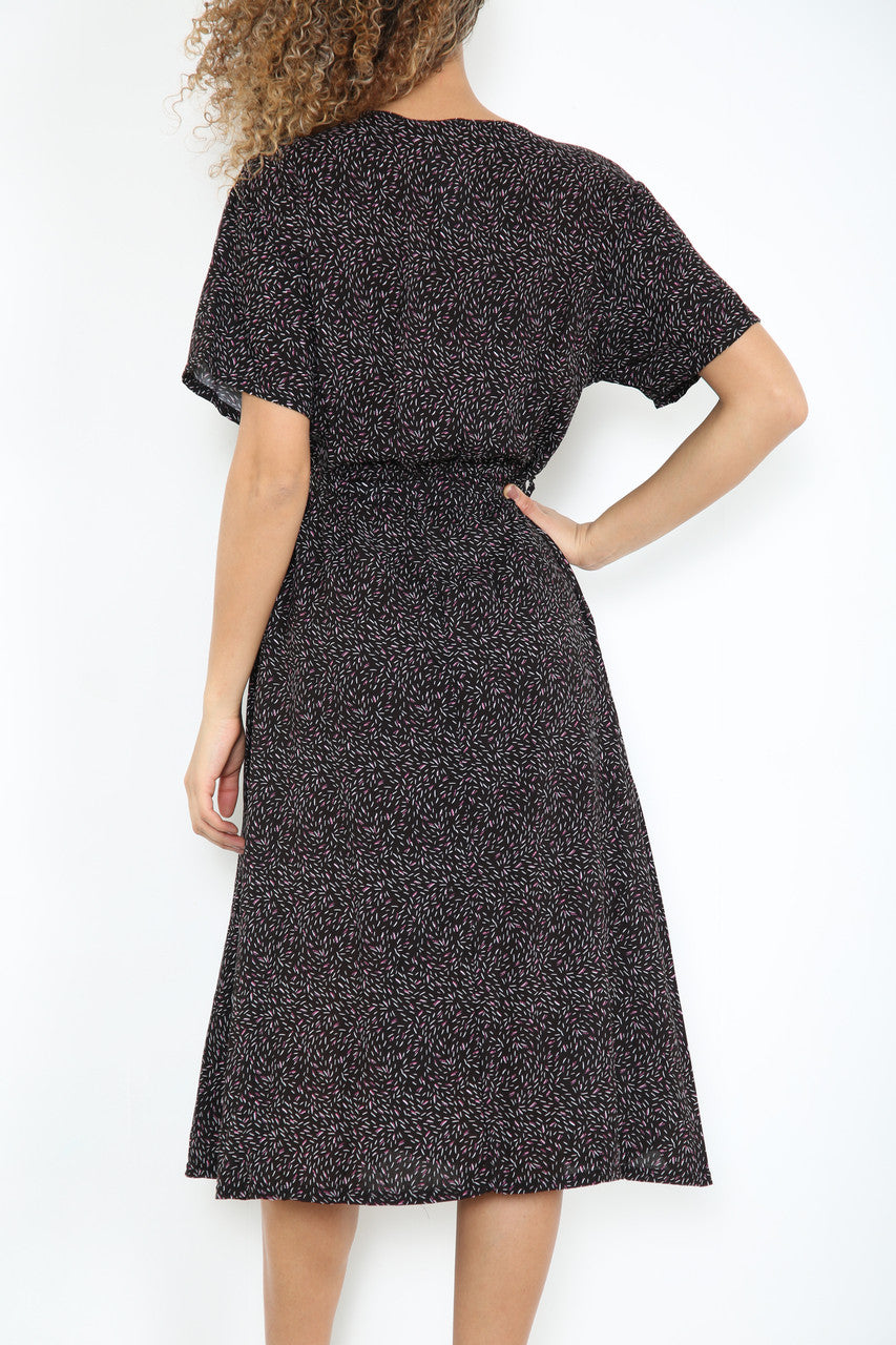 Ladies Elasticated Waist Wrap Style Pink Flecks Print Dress Black