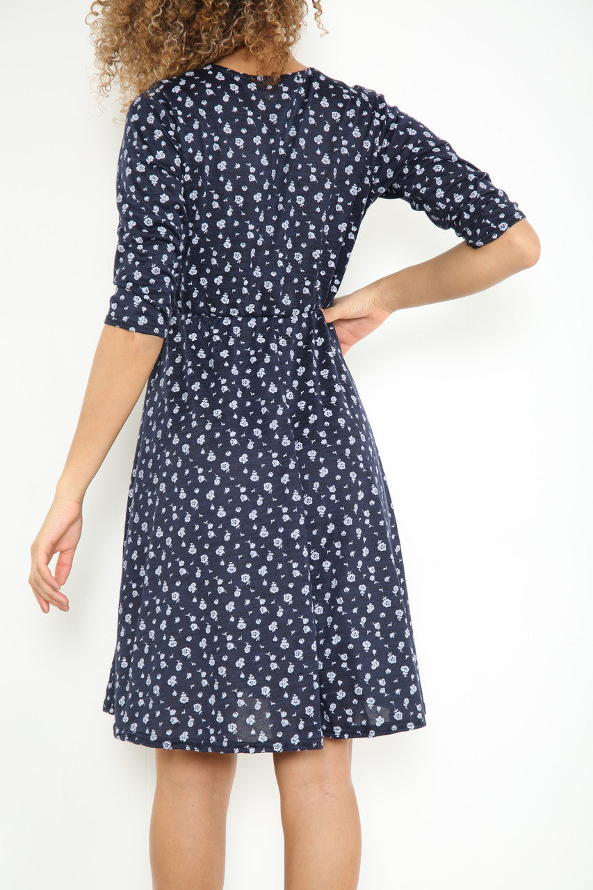 JURK MET ROZENPRINT, OVERSLAGSTIJL, ELASTISCHE TAILLE MARINEBLAUW