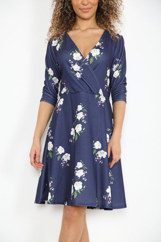 Dames Elastische Taille Wikkeljurk met Rozenprint Marineblauw