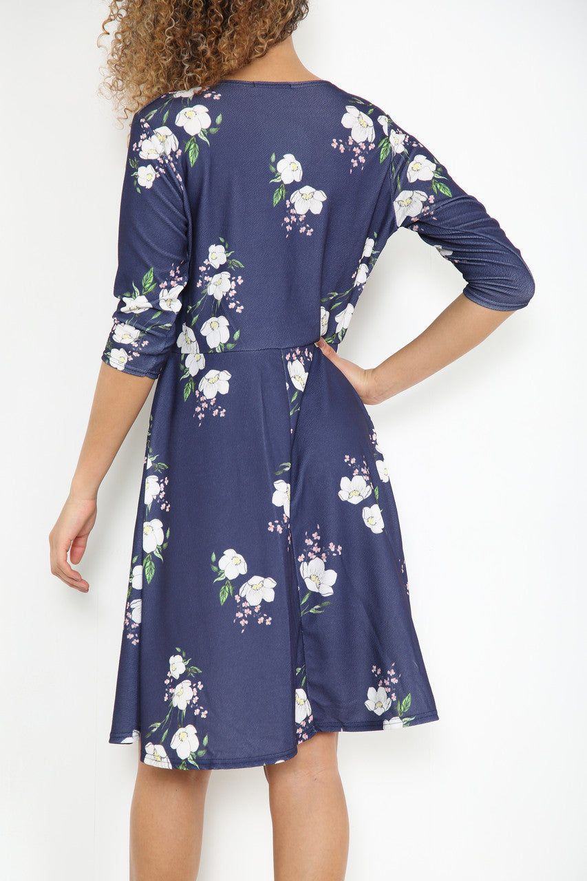 Dames Elastische Taille Wikkeljurk met Rozenprint Marineblauw