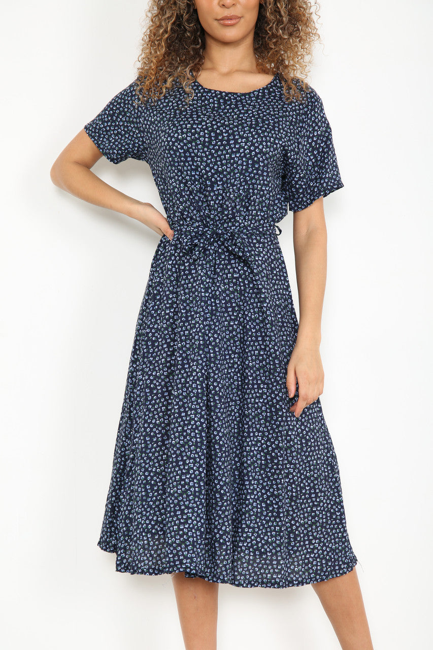 Ladies Elasticated Waist Ditsy Poppy Print Dress Navy