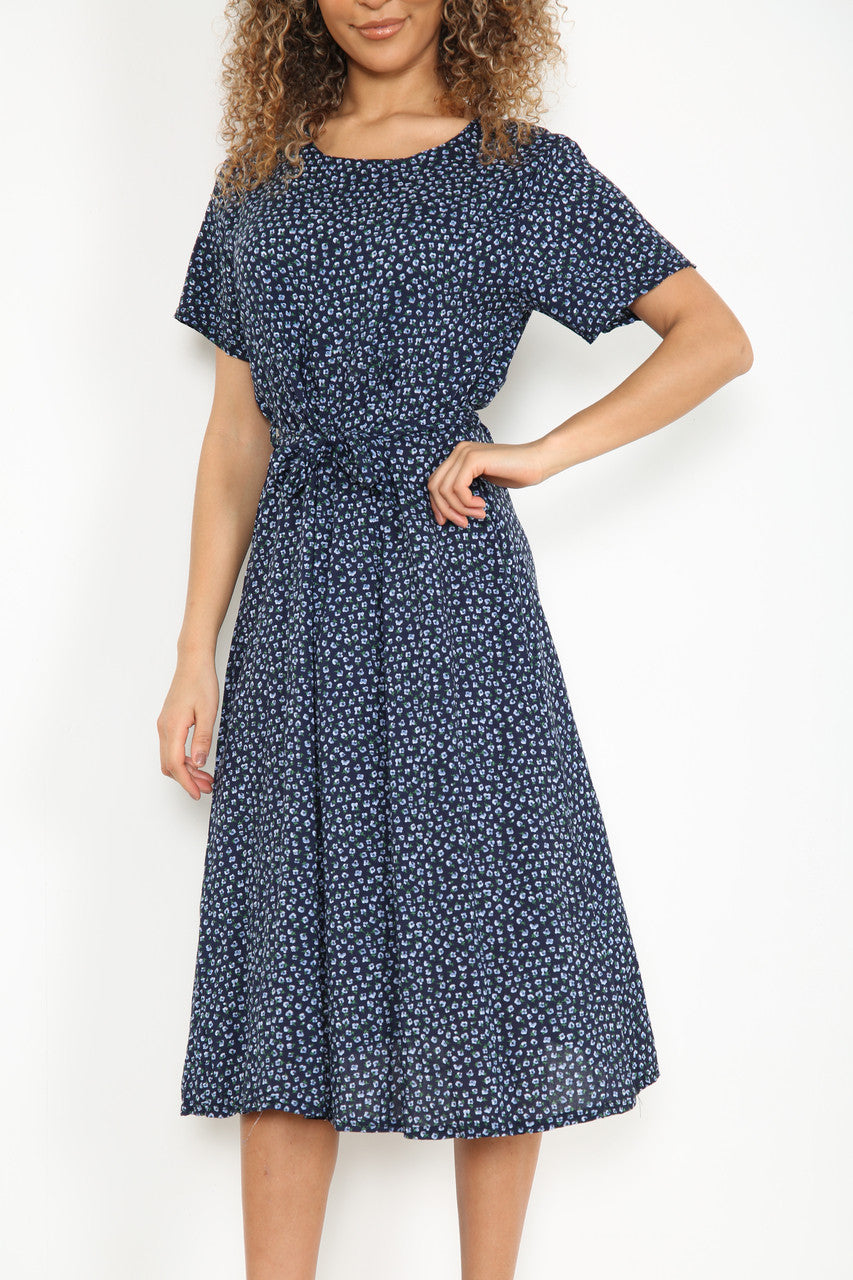 Ladies Elasticated Waist Ditsy Poppy Print Dress Navy