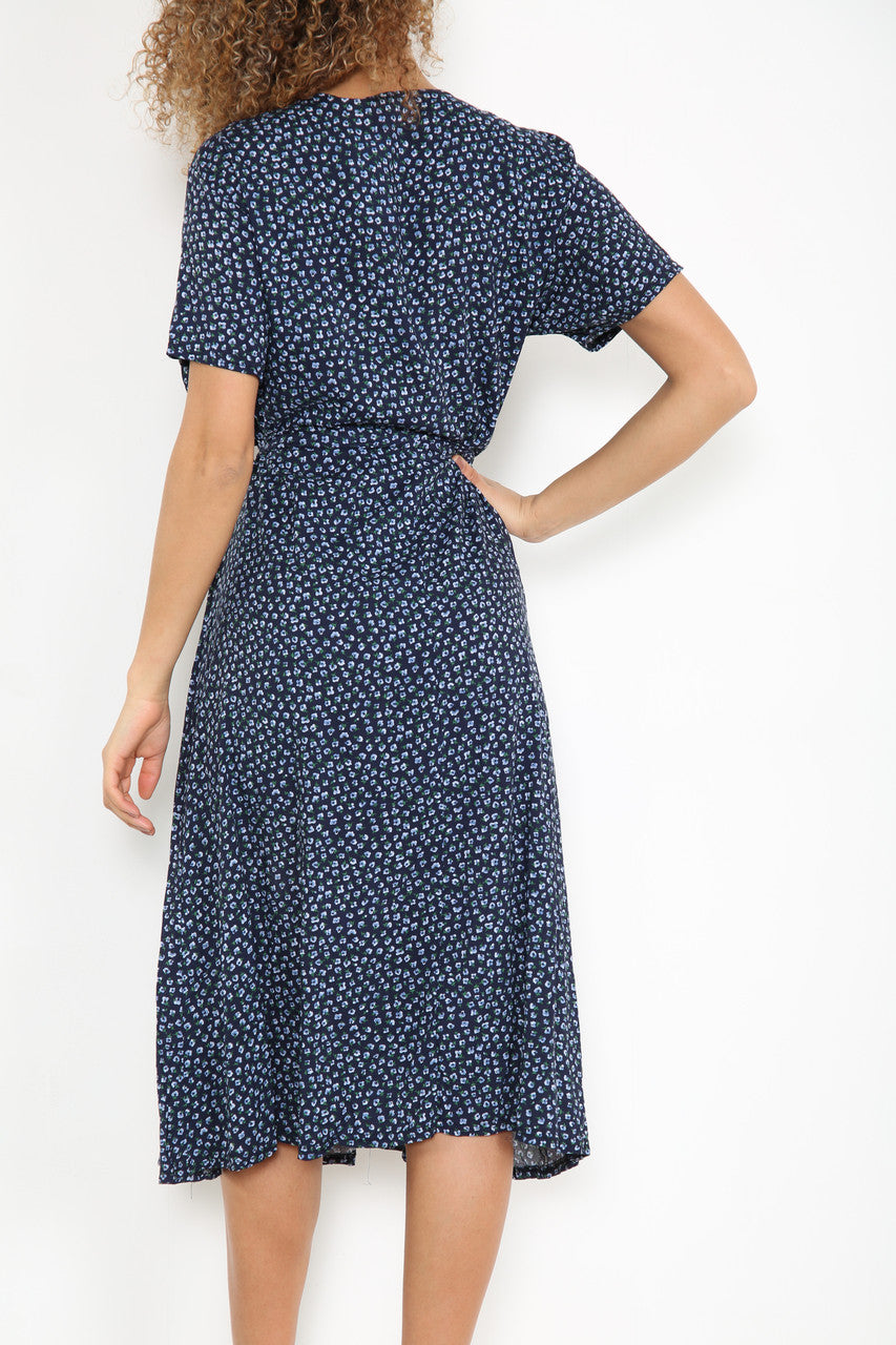 Ladies Elasticated Waist Ditsy Poppy Print Dress Navy