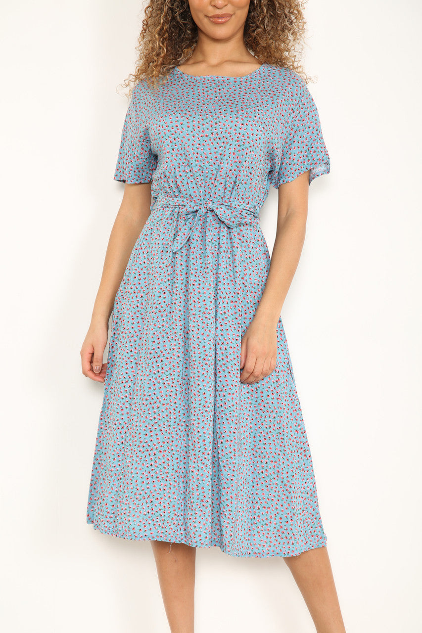 Damesjurk met elastische taille en bloemenprint (klaprozen) lichtblauw