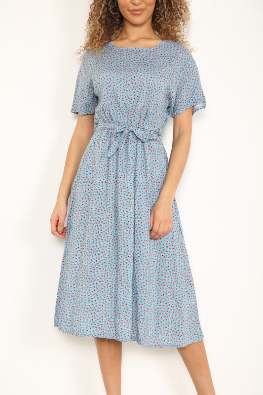Damesjurk met elastische taille en bloemenprint (klaprozen) lichtblauw