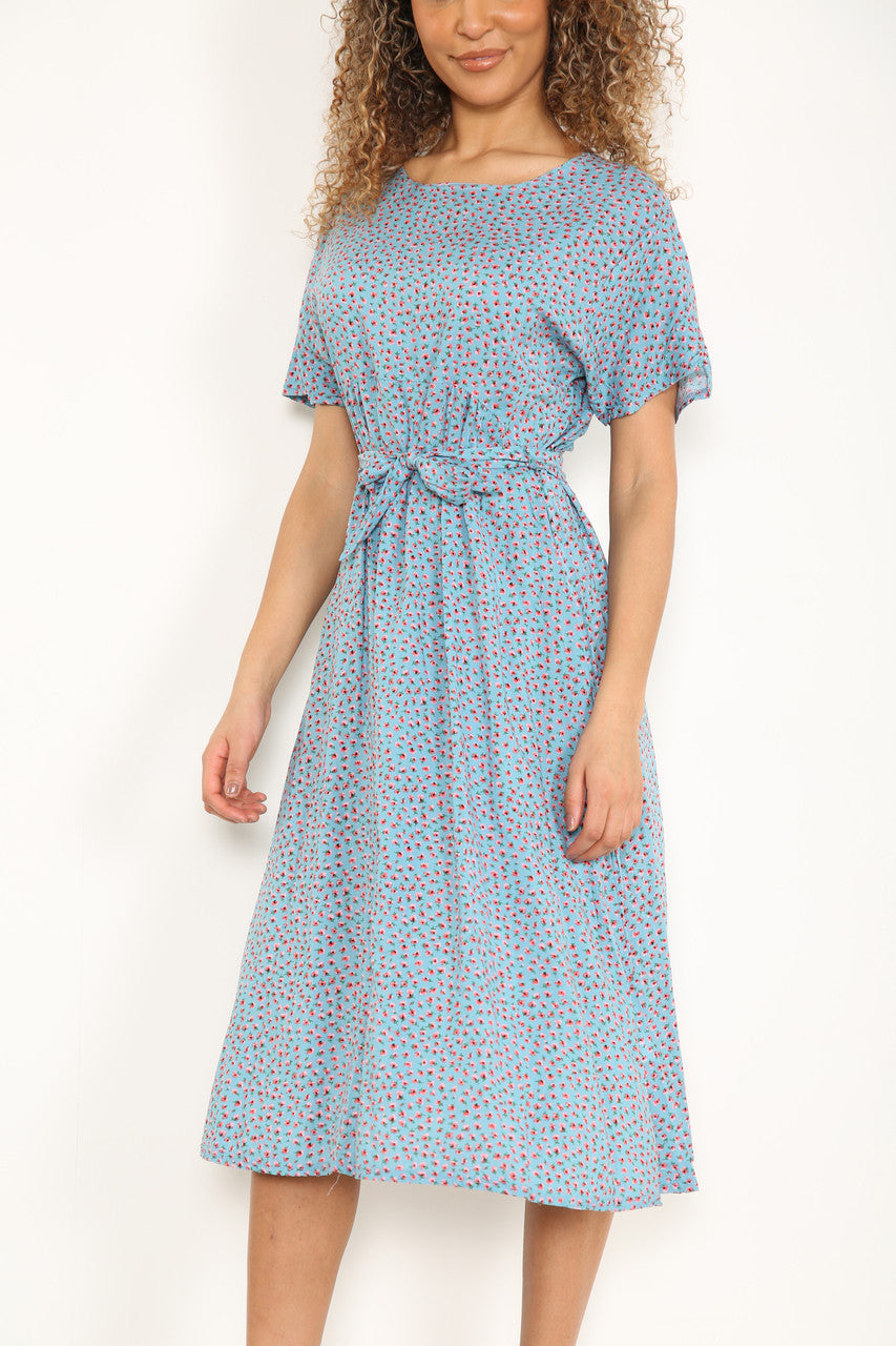 Damesjurk met elastische taille en bloemenprint (klaprozen) lichtblauw