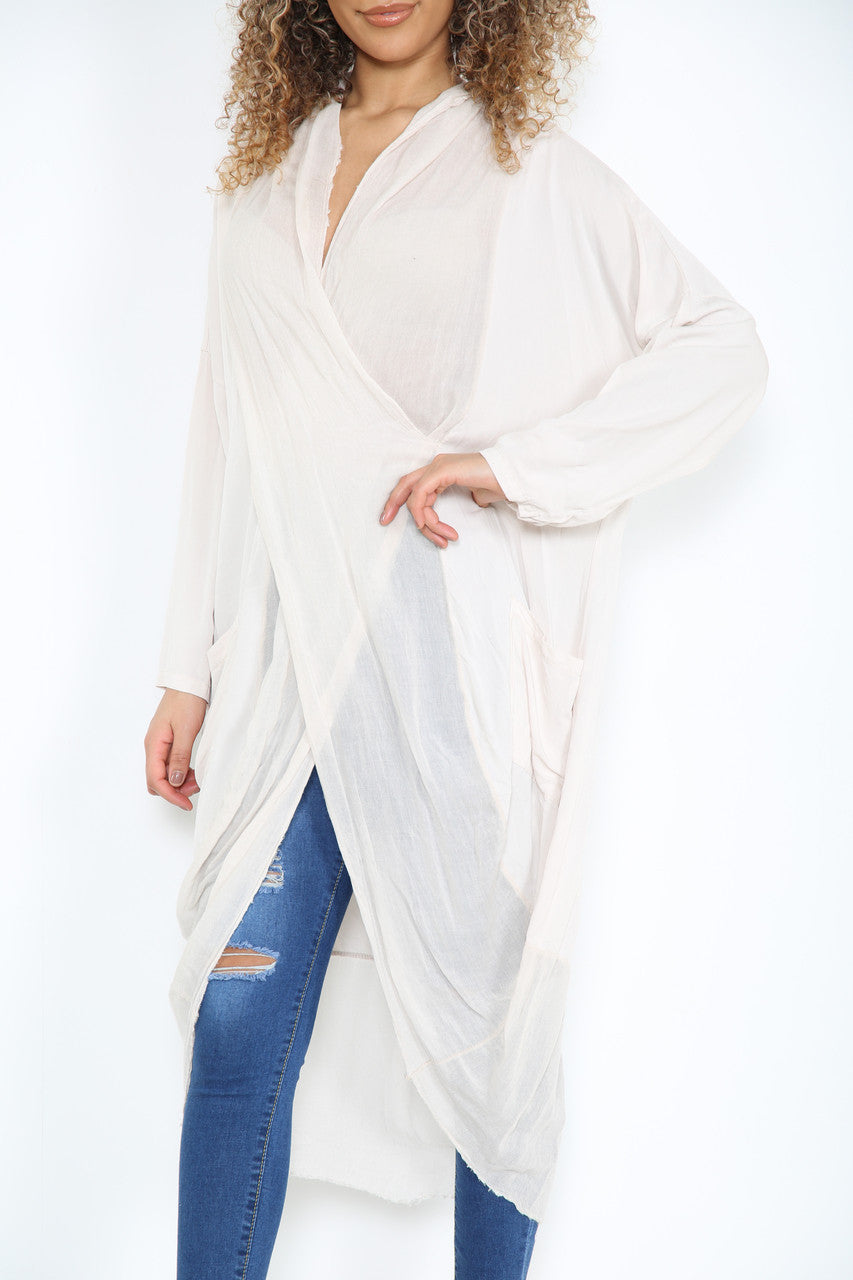 Ladies Floaty Draped Wrap Style Cardigan Top Stone