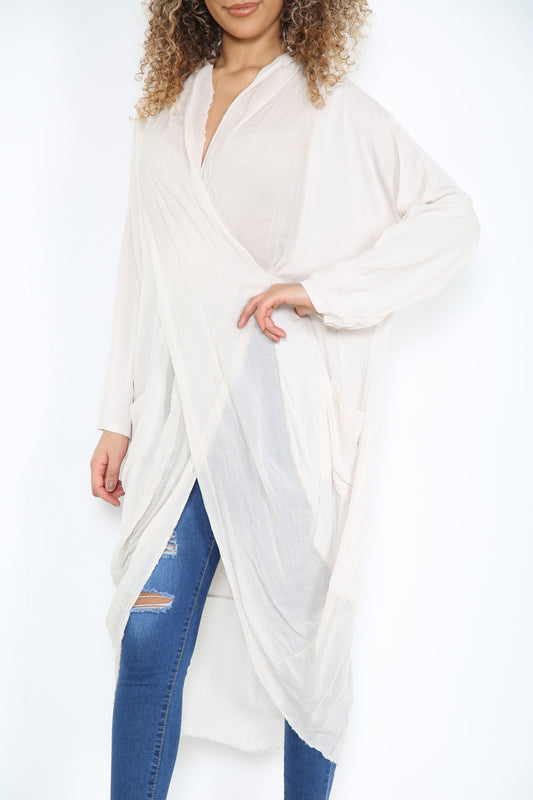 Ladies Floaty Draped Wrap Style Cardigan Top Stone