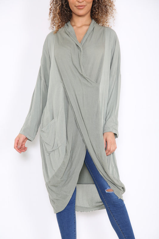 Ladies Floaty Draped Wrap Style Cardigan Top Khaki