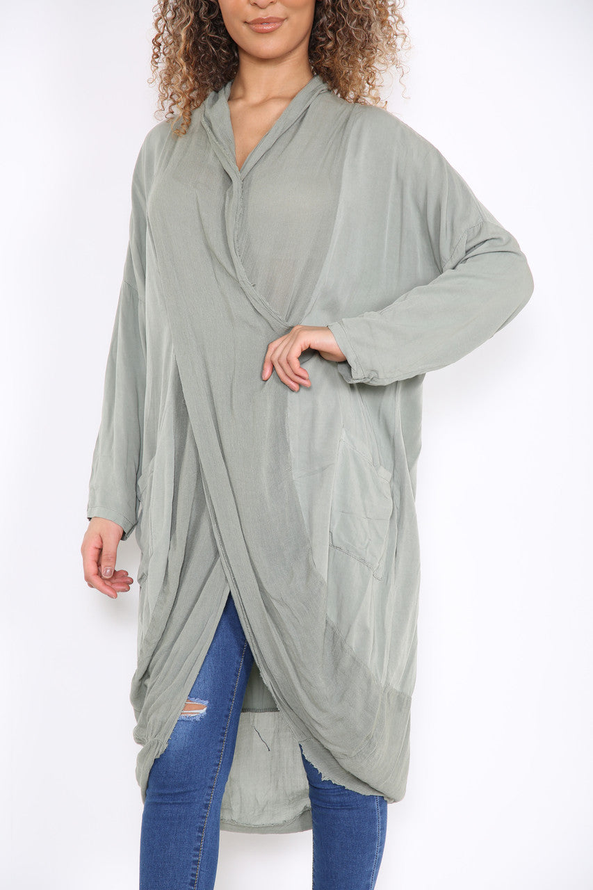 Ladies Floaty Draped Wrap Style Cardigan Top Khaki
