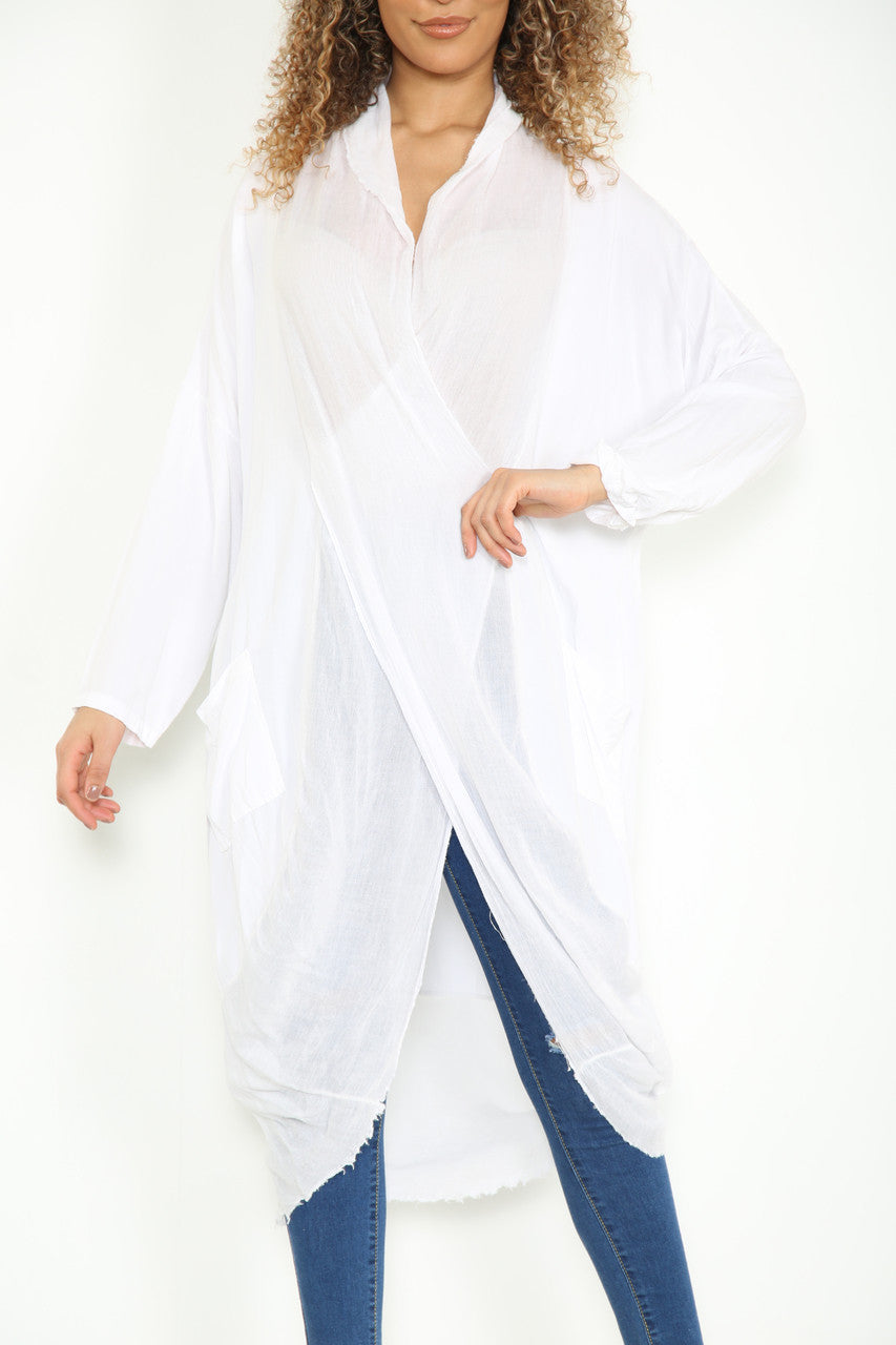 Ladies Floaty Draped Wrap Style Cardigan Top White