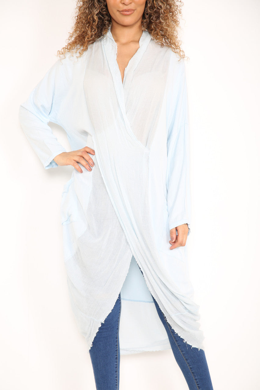 Ladies Floaty Draped Wrap Style Cardigan Top Light Blue