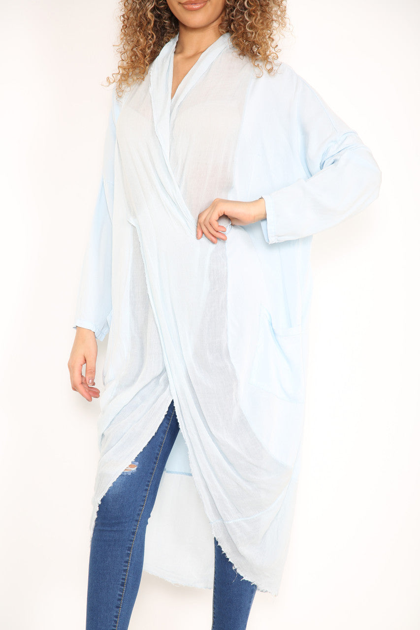 Ladies Floaty Draped Wrap Style Cardigan Top Light Blue