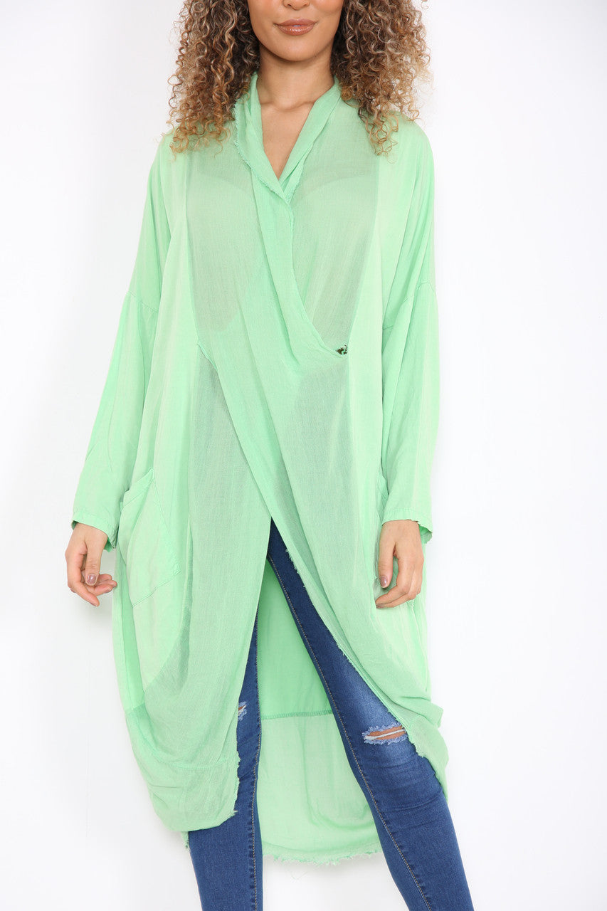 Ladies Floaty Draped Wrap Style Cardigan Top Green