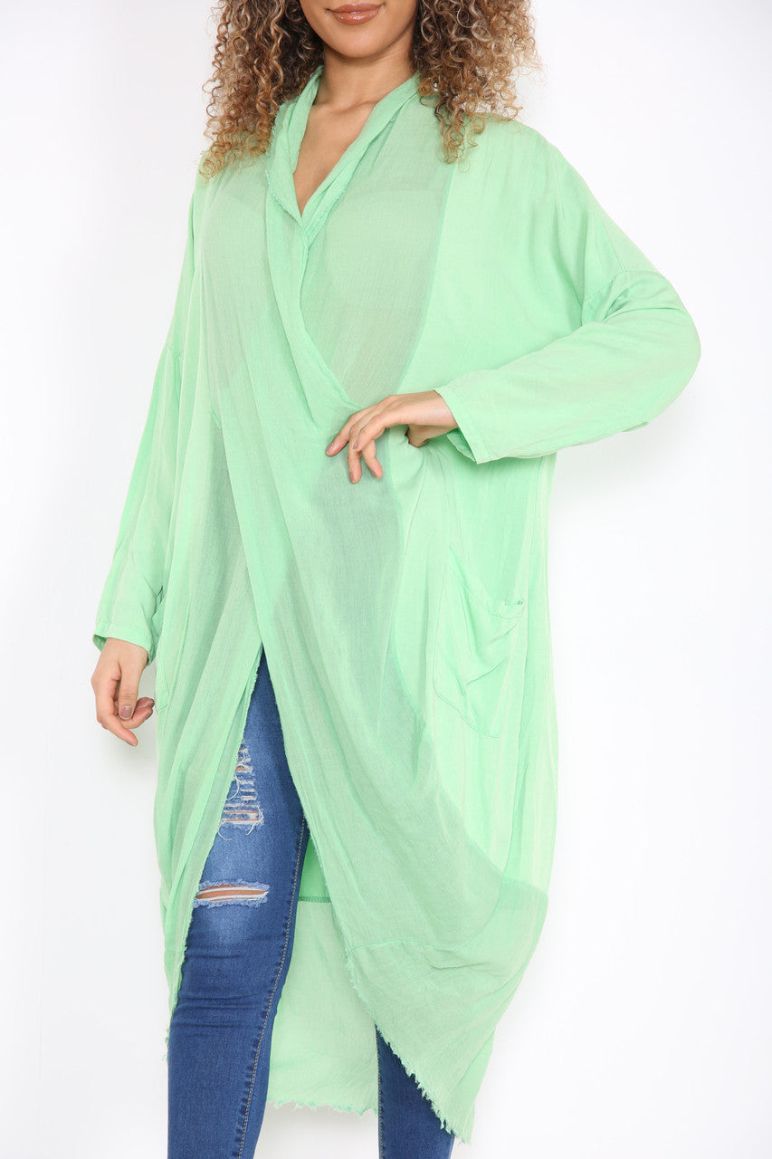 Ladies Floaty Draped Wrap Style Cardigan Top Green