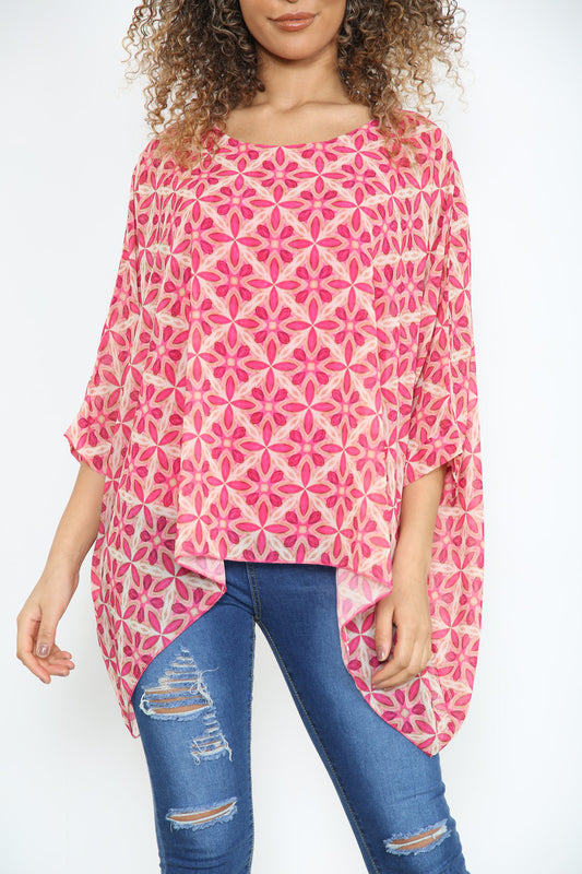 Ladies Geometric Print Batwing Blouse Cerise