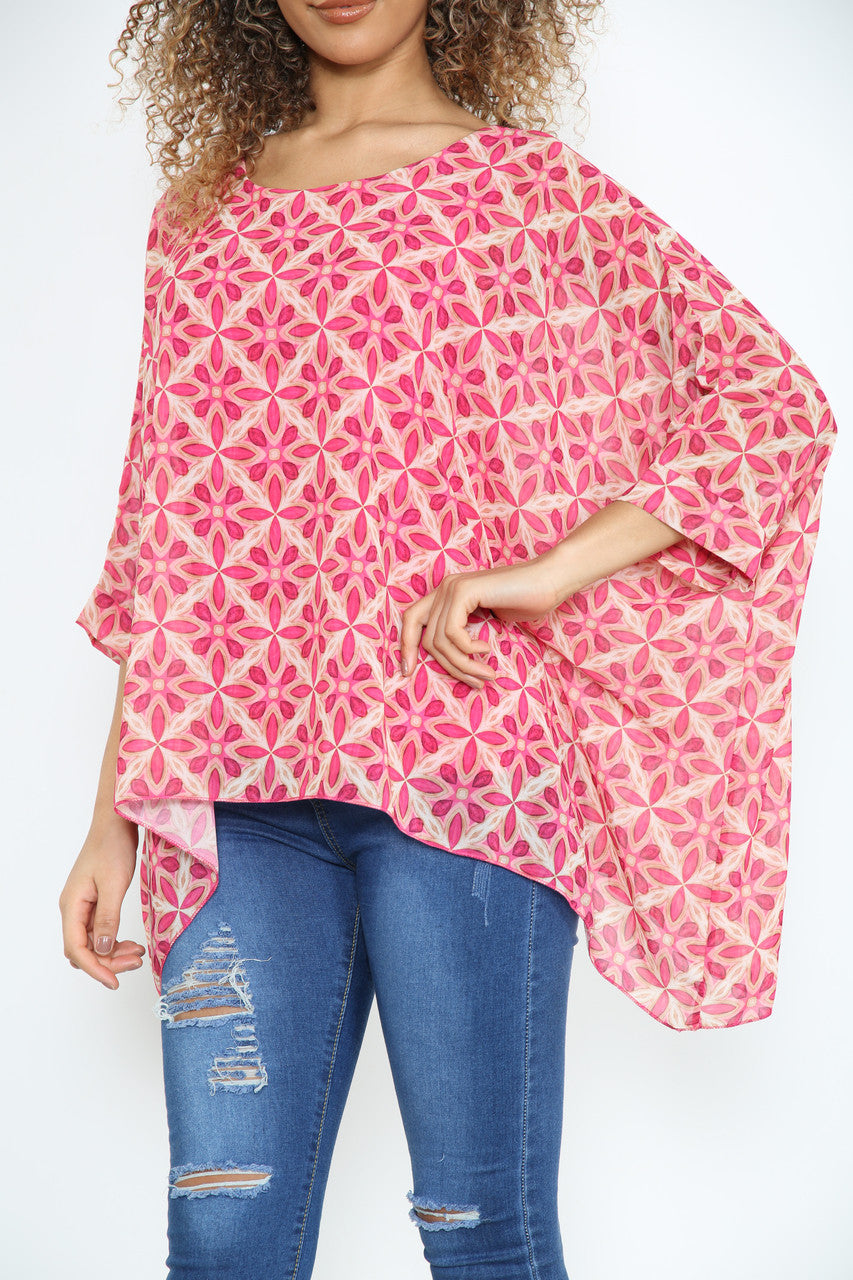 Ladies Geometric Print Batwing Blouse Cerise