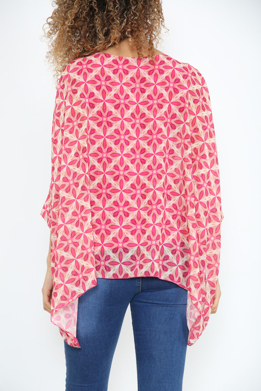 Ladies Geometric Print Batwing Blouse Cerise