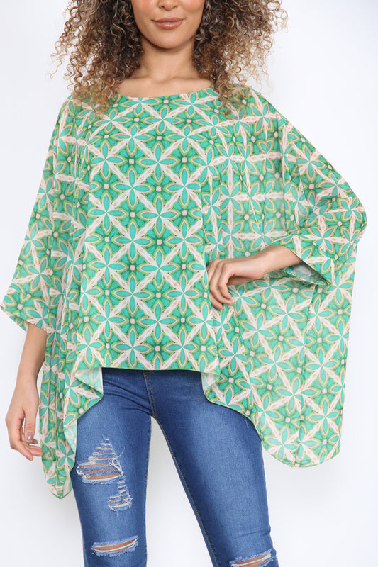 Ladies Geometric Print Batwing Blouse Green