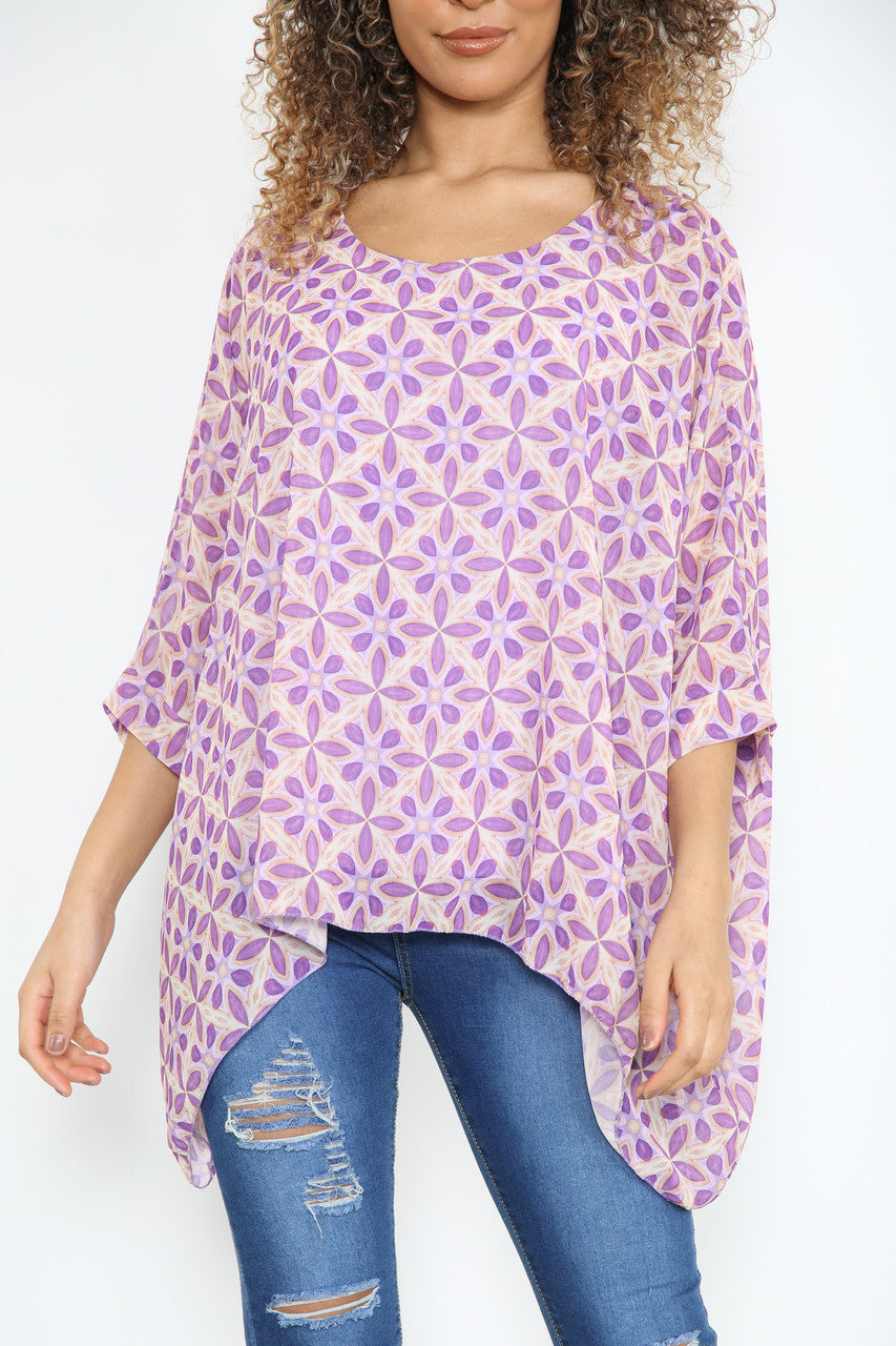 Dames Blouse met Geometrische Print en Vleermuismouwen Paars
