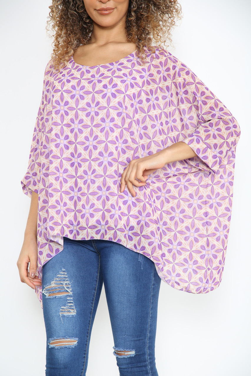 Dames Blouse met Geometrische Print en Vleermuismouwen Paars