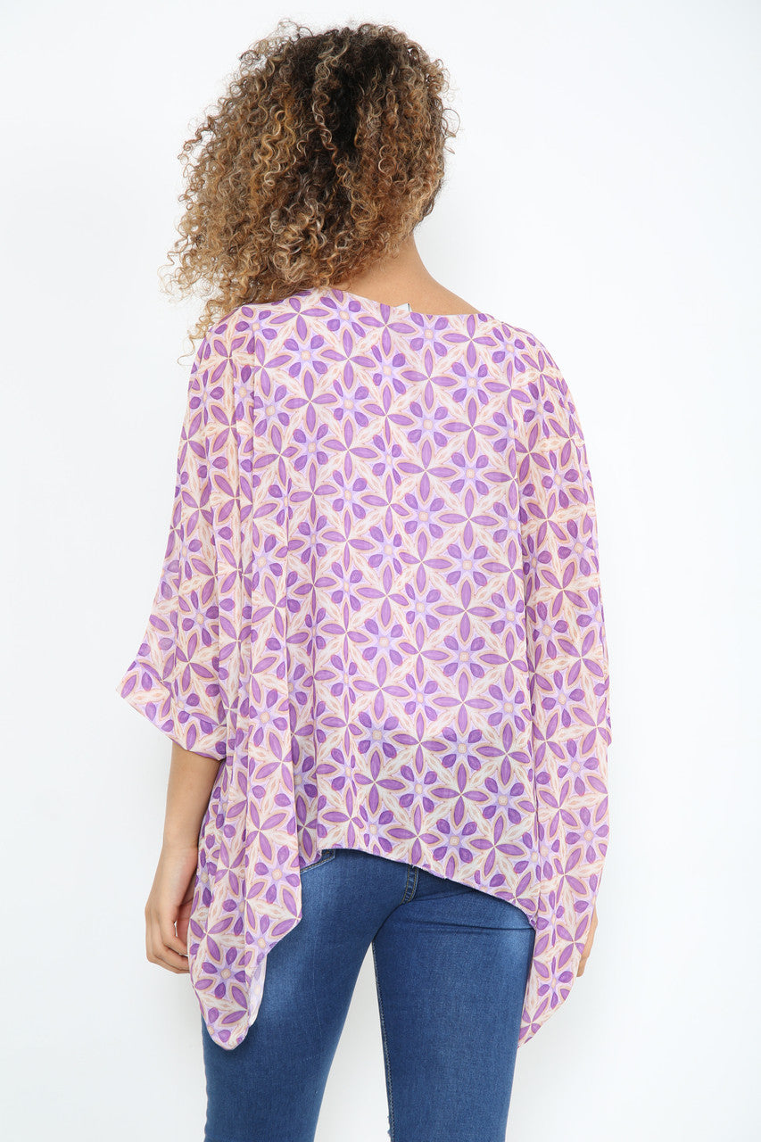 Dames Blouse met Geometrische Print en Vleermuismouwen Paars