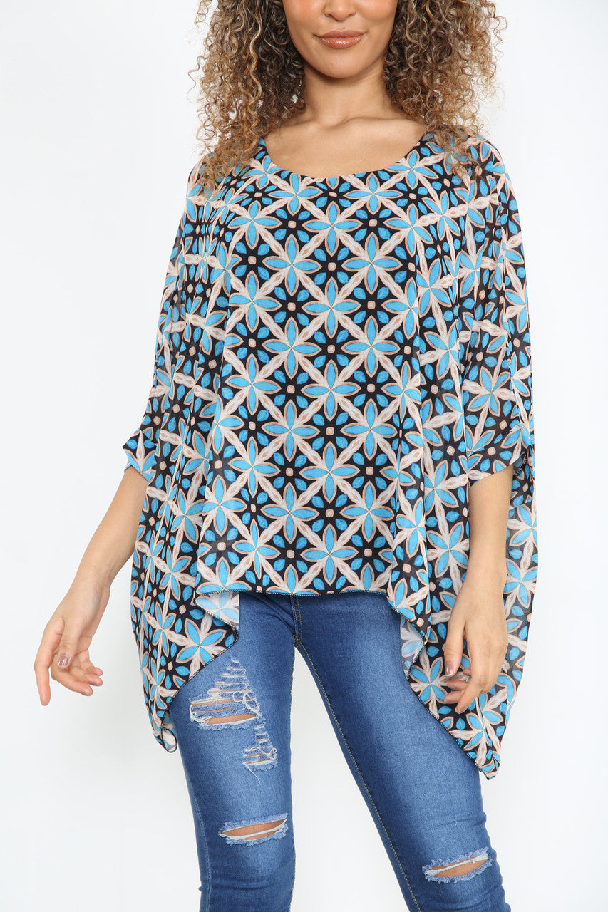 Ladies Geometric Print Batwing Blouse Blue