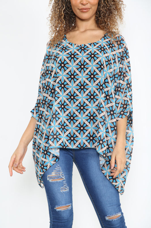 Ladies Geometric Print Batwing Blouse Blue