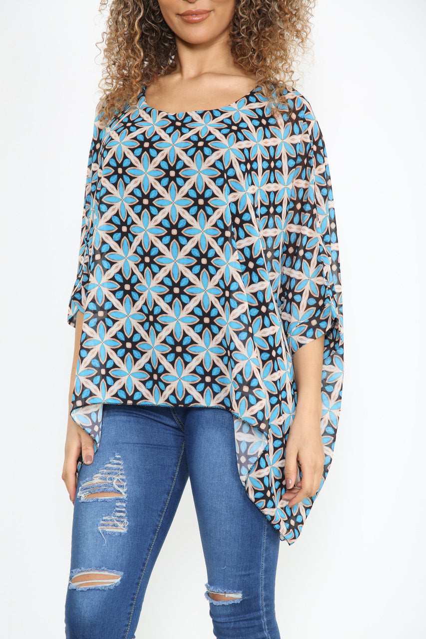 Ladies Geometric Print Batwing Blouse Blue