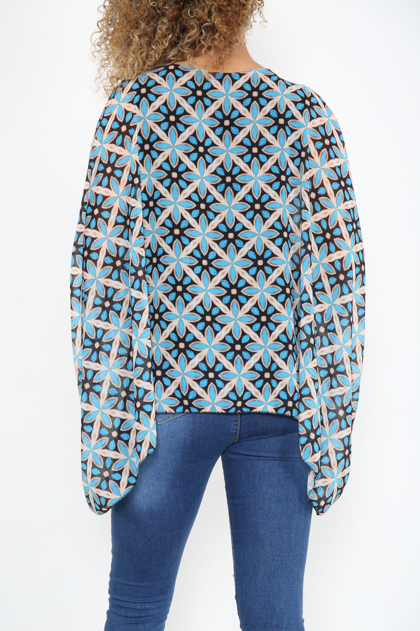 Ladies Geometric Print Batwing Blouse Blue
