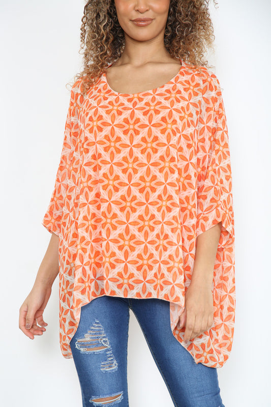 Ladies Geometric Print Batwing Blouse Orange