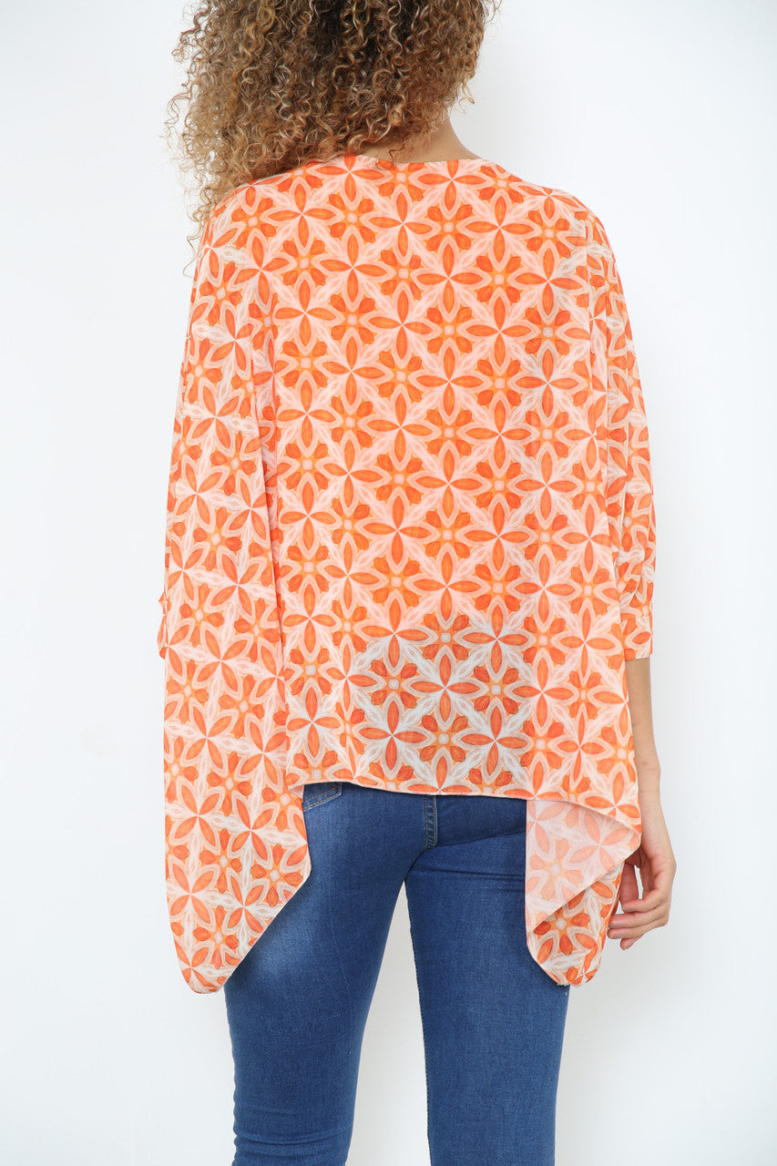 Ladies Geometric Print Batwing Blouse Orange
