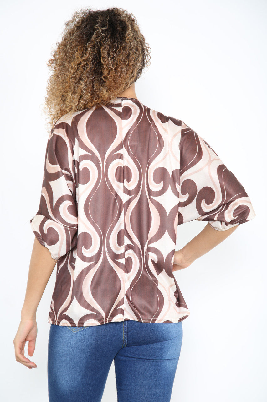 TOP MET WIRBELPATROON PRINT - TAN