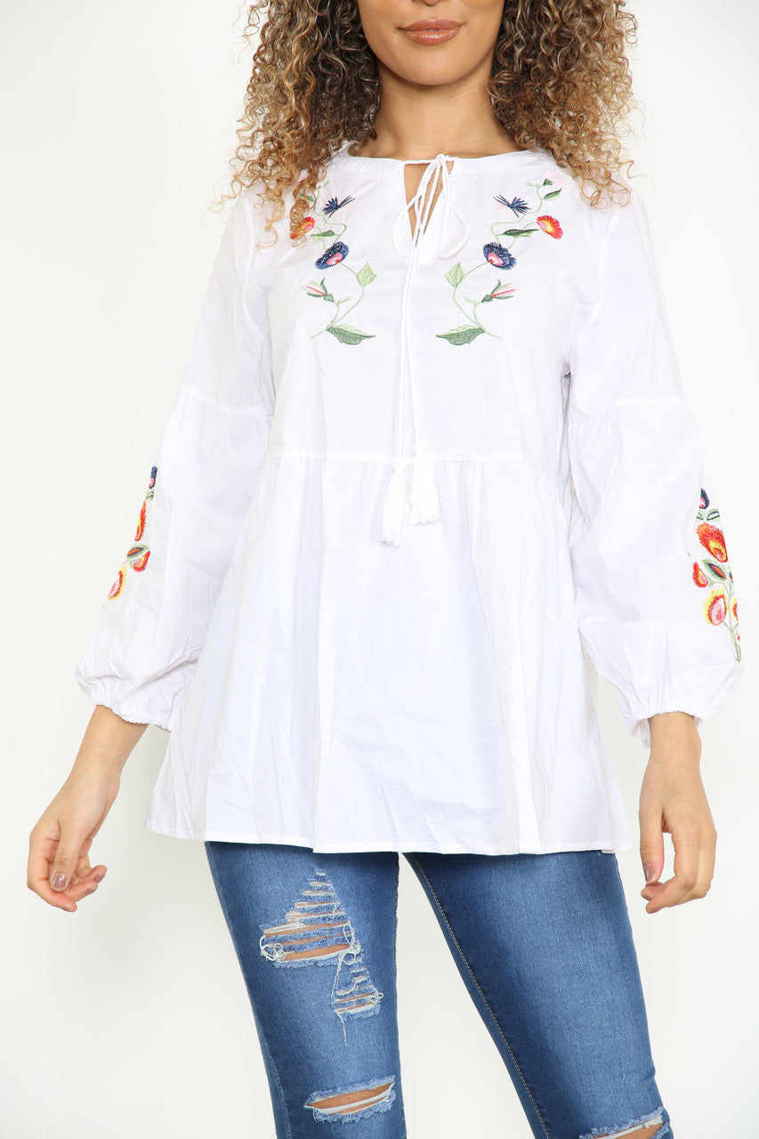 Ladies Shirt With Colourful Floral Embroidery Chest & Arm Detail White