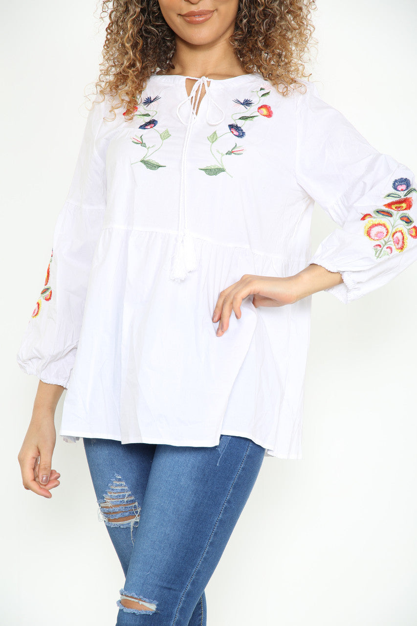 Ladies Shirt With Colourful Floral Embroidery Chest & Arm Detail White