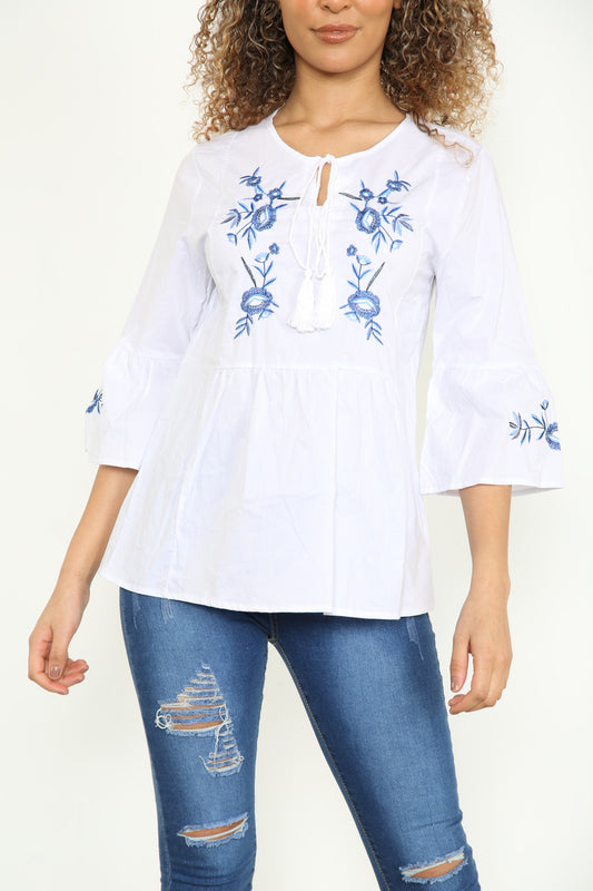 SHIRT WITH BLUE EMBROIDERY CHEST & ARM DETAIL WHITE