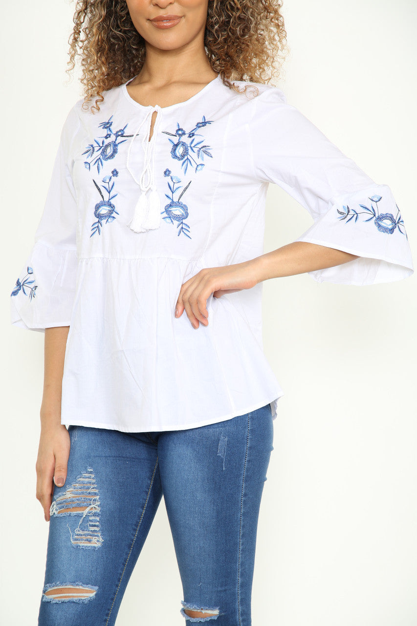 SHIRT WITH BLUE EMBROIDERY CHEST & ARM DETAIL WHITE