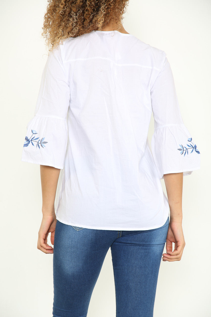 SHIRT WITH BLUE EMBROIDERY CHEST & ARM DETAIL WHITE