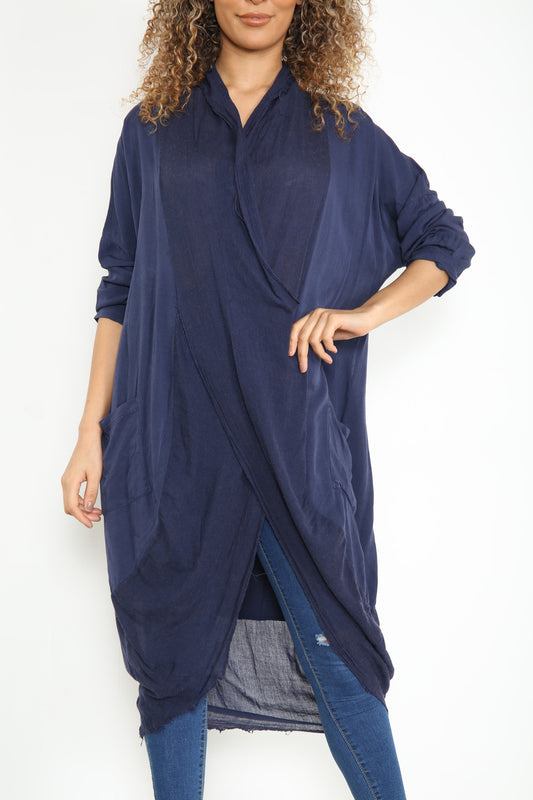 Ladies Floaty Draped Wrap Style Cardigan Top Navy
