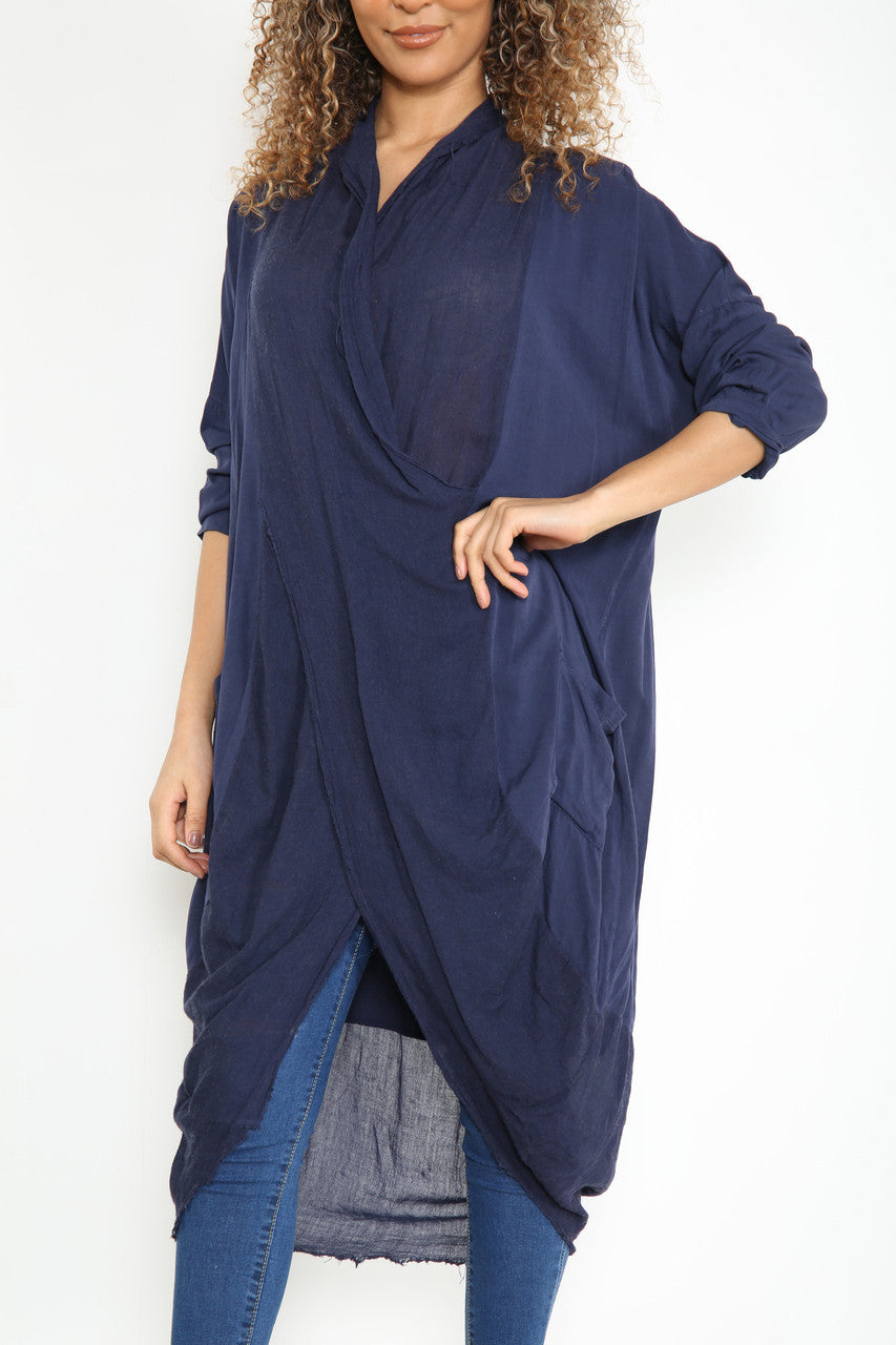 Ladies Floaty Draped Wrap Style Cardigan Top Navy