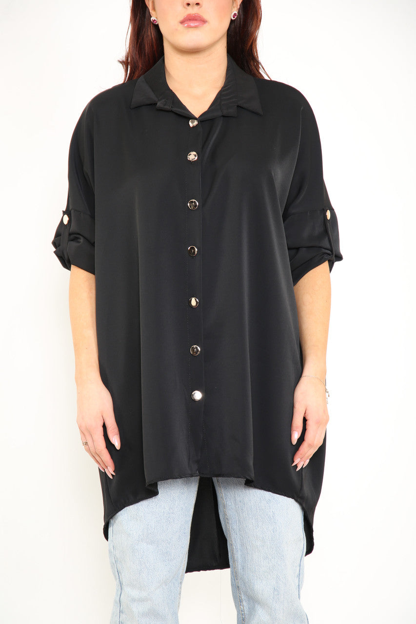 Dames Effen Blouse Met Oprolmouwen Zwart